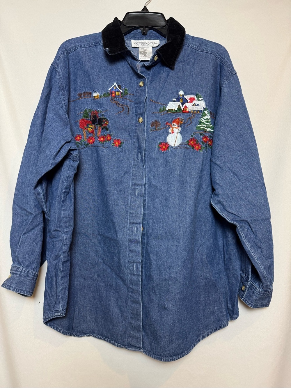 Victoria Jones Embroidered Denim Holiday Button-Up Shirt